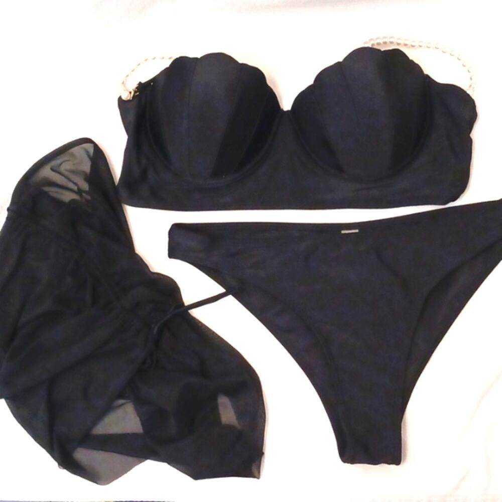 New PEARL Straps 3 Pc BIKINI Set XL‎ 12 BLACK Scallop Cups Mini Skirt Coverup
